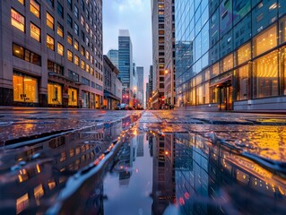 Obraz premium A dazzling cityscape at night with illuminated skyscrapers lining the urban streets