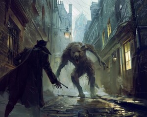 Werewolf versus vampire in a Victorian London alley - obrazy, fototapety, plakaty