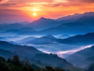 Majestic mountain landscape bathed in the golden hues of sunrise, with wispy fog clinging to the peaks