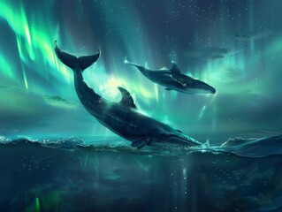 Whales dancing under the aurora borealis