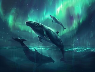 Fototapeta premium Whales dancing under the aurora borealis