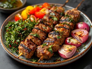 Delicious grilled kebabs on a plate with salad and onions, perfect for food blogs and restaurant...