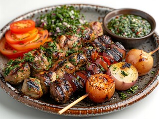 A delicious grilled kebab platter with vegetables and sauce on a rustic plate, perfect for any...