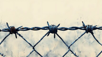 Close-up view of a rusty barbed wire on a chain-link fence against a blurred background.  - obrazy, fototapety, plakaty