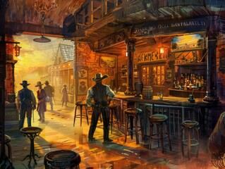 Wild West saloon at twilight lively music
