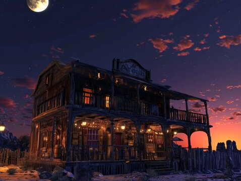 Wild West saloon at twilight lively music