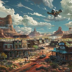 Wild West town reimagined in cybernetic future
