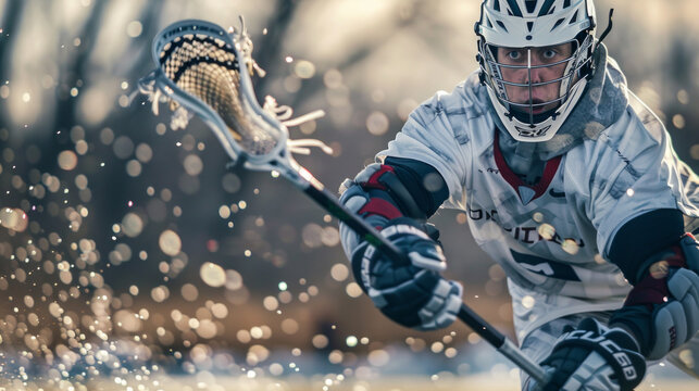 A high-detail image capturing the precise moment a lacrosse player catches the ball against a bokeh background