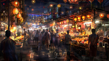 Digital art of bustling Asian street food night market - obrazy, fototapety, plakaty