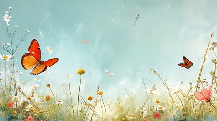 A tranquil digital painting of vibrant butterflies fluttering among wildflowers under a clear sky