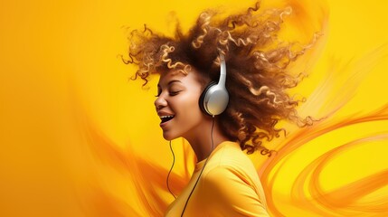 fashion yellow headphones - obrazy, fototapety, plakaty