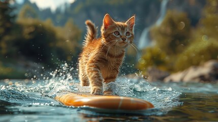 Obraz premium Ginger kitten standing on a paddleboard, navigating the tranquil waters with ease no grunge, no splash, no dust, high resolution, 3D render