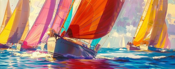 Yacht regatta with sails of vibrant pastels - obrazy, fototapety, plakaty