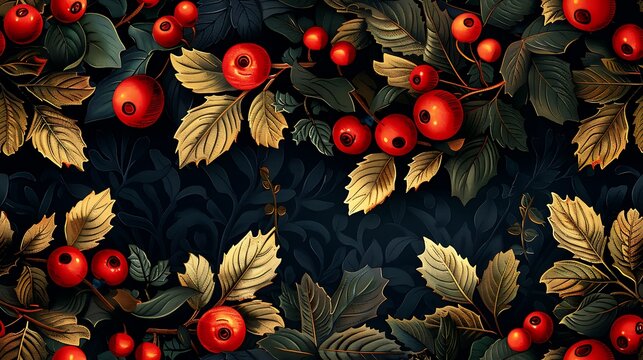 A seamless pattern featuring detailed illustrations of red berries and green leaves on a dark background. 
