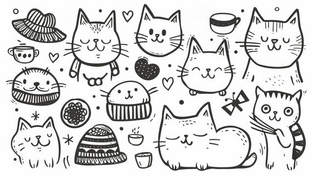 Doodle art featuring stylized cats and accessories outlined in black