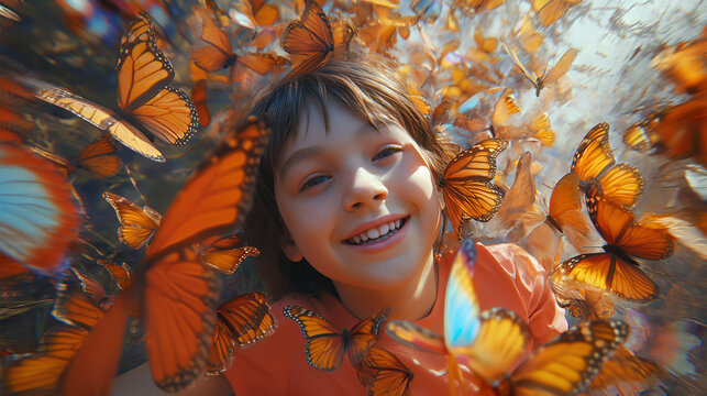 A woman takes a selfie with thousands of species of butterflies.