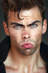 male model inspired by Zoolander with intense furrowed brows and a strong pout, high fashion look"