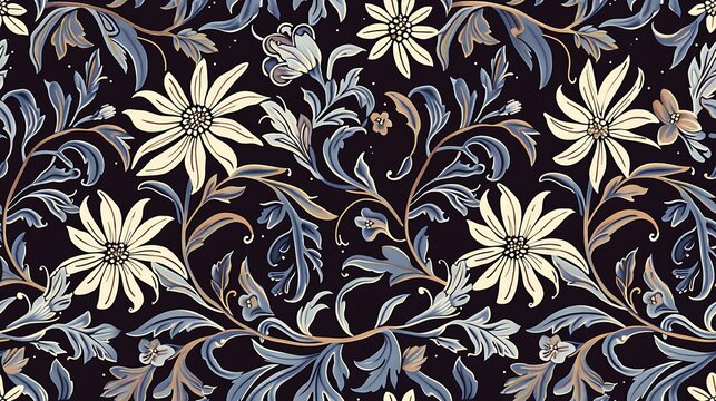 A seamless floral pattern with elegant white flowers and decorative leaves on a dark background. 