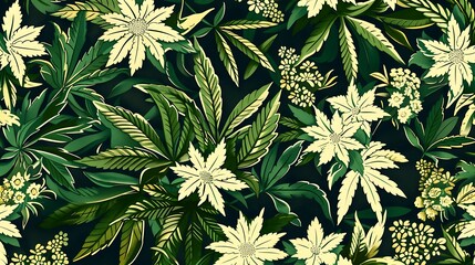 A seamless tropical floral pattern with various green leaves and flowers on a dark background for design use. 