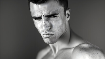 Young guy posing for the camera with furrowed brow and pout, Zoolander inspired male model pose in black and white