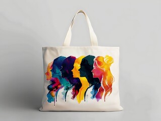 A stylish white tote bag with a colorful abstract design featuring silhouettes of human profiles on a light background. 