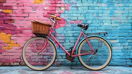 A pink bicycle with a front basket is parked against a colorful graffiti wall, highlighting urban...