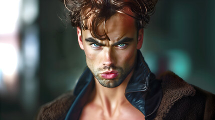 Pouting male model trying to look cool with an exaggerated pose. Inspired by Blue Steel. 