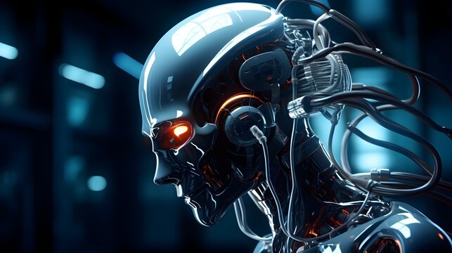 Futuristic Cybernetic Entity in Alien Science Laboratory with Advanced Vacuum Tube Wiring and Circuitry