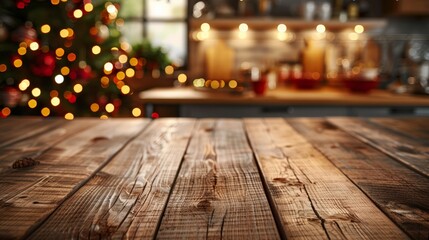 Empty wooden table in festive Christmas kitchen background