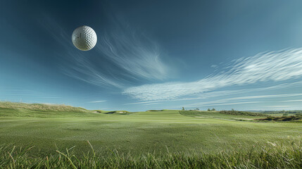 A dynamic view capturing the flight of a golf ball over the meticulously maintained greens of a beautiful golf course under a dramatic sky - Powered by Adobe