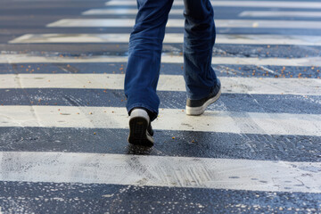 Close-up of a person's feet walking on a zebra crossing.