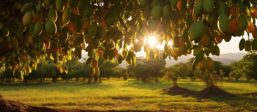 A bountiful tree bearing an abundance of ripe mango fruits stands in the middle of a wide open field under the clear blue sky