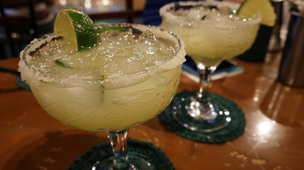 Refreshing margarita cocktails with lime garnish served on a bar counter
