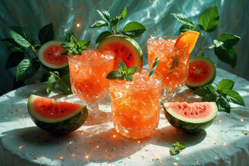 mocktail and vibrant watermelon slices with mint leaves, summer fresh drink, sparkling drink party - obrazy, fototapety, plakaty
