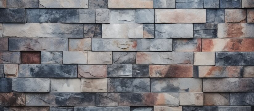 Detailed view of a stone wall featuring a striking red and blue geometric pattern that adds a pop of color