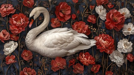 Elegant white swan amidst lush red flowers on a dark floral background, perfect for sophisticated designs and decor 