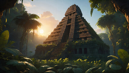 View of the Mayan pyramid through the trees - obrazy, fototapety, plakaty