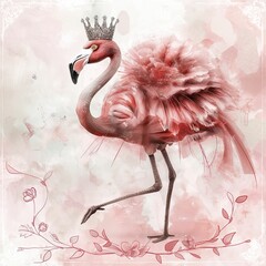 Majestic Flamingo in Crown and Tutu, Floral Watercolor, with Copy Space