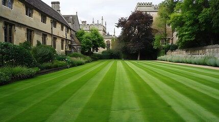 An immaculately striped green lawn in the courtyard of a classic historical college building