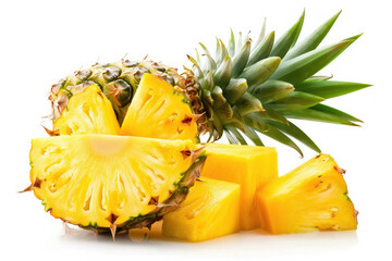 Fresh pineapple and its slices on a white background.