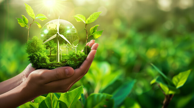 Renewable Energy Concept with Globe and Windmills
. A hand holds a lush green mini-world with wind turbines, symbolizing renewable energy solutions and sustainable environmental practices in harmony w