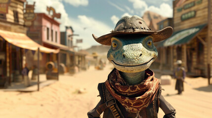 Comic Character Mr. Rango portrait in cowboy style. cute little cowboy dinosaur in vintage American...
