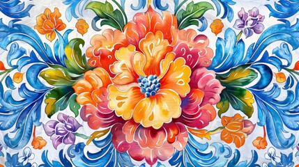 Fototapeta na wymiar Hand-drawn Majolica technique pattern, vibrant watercolor textile design