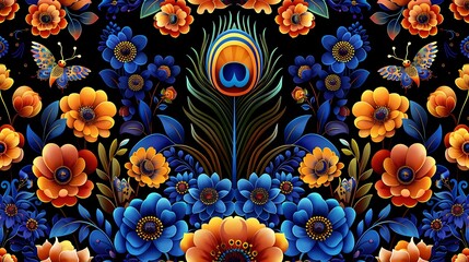 Fototapeta na wymiar Brightly colored floral and peacock feather seamless pattern on a dark background for vibrant design projects. 