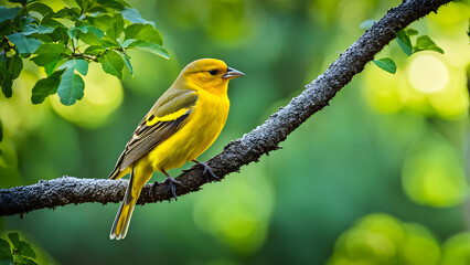 Yellow feathered canaries on tree branches, bird protection - obrazy, fototapety, plakaty