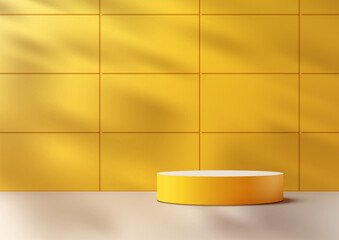 3D yellow cylinder podium on a white surface in front of a yellow tiled wall background, Product display, Mockup presentation