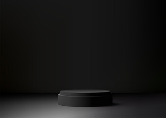 3D black podium mockup. Features a dark background for a high end, professional look