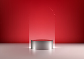 3D realistic silver metallic podium with glass transparent backdrop on the white floor and red wall background - 776850890