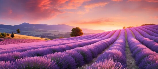 Expansive lavender field filled with blooming flowers under the warm hues of the setting sun,...