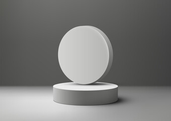 3D white podium with circle rests top of a white cylinder on gray background